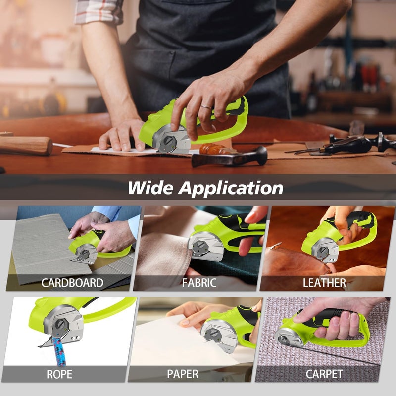 Mershca Cordless Electric Scissors, 4V Rechargeable Box Cutter & Cardboard Cutter with LED Light, Safety Lock - Rotary Cutter for Fabric, Leather, Carpet, Plastic, Crafting, Sewing with Storage Box (Green) - Image 4